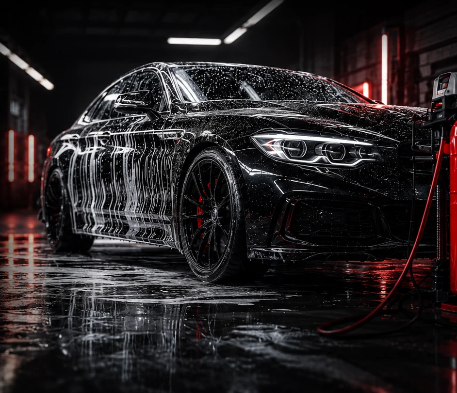 Voiture noire couverte de mousse lors d'un lavage DM AUTO