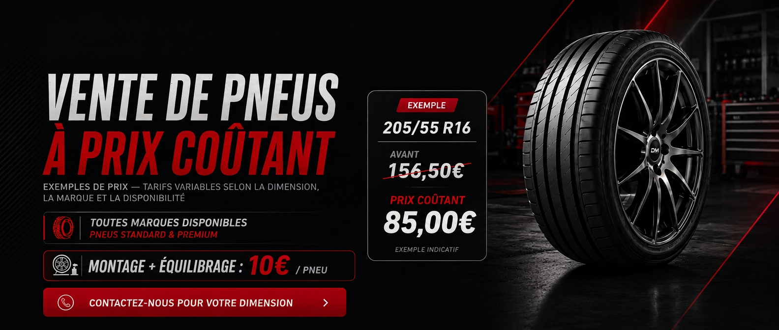 Offre du moment DM AUTO : vente de pneus à prix coûtant à Cestas, exemple 205/55 R16 à 85,00 € au lieu de 156,50 €, montage et équilibrage 10 € par pneu